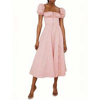 Women's Puff Sleeve Floral Maxi Dress Elegant Square Neck Cottagecore Boho Split Long Dresses