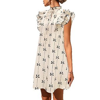 Womens Sleeveless Ruffle Sleeve Dress Round Neck A-Line Short Flowy Pleated Mini Bow Babydoll Dress