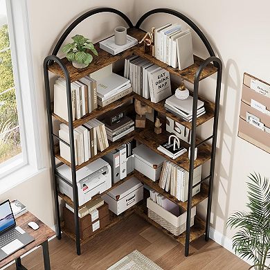 L-Shaped Corner Bookshelf Arched Metal Frame Freestanding Display Rack Wood Open Storage Bookcase