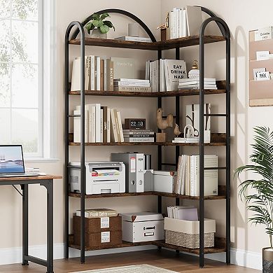 L-Shaped Corner Bookshelf Arched Metal Frame Freestanding Display Rack Wood Open Storage Bookcase