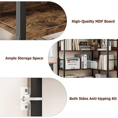 L-Shaped Corner Bookshelf Arched Metal Frame Freestanding Display Rack Wood Open Storage Bookcase