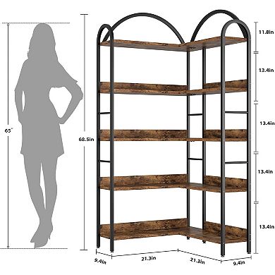 L-Shaped Corner Bookshelf Arched Metal Frame Freestanding Display Rack Wood Open Storage Bookcase