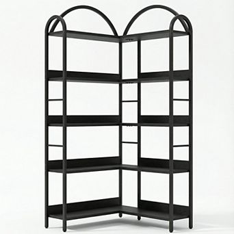 L-Shaped Corner Bookshelf Arched Metal Frame Freestanding Display Rack Wood Open Storage Bookcase