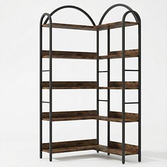 L-Shaped Corner Bookshelf Arched Metal Frame Freestanding Display Rack Wood Open Storage Bookcase