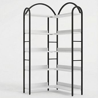 L-Shaped Corner Bookshelf Arched Metal Frame Freestanding Display Rack Wood Open Storage Bookcase