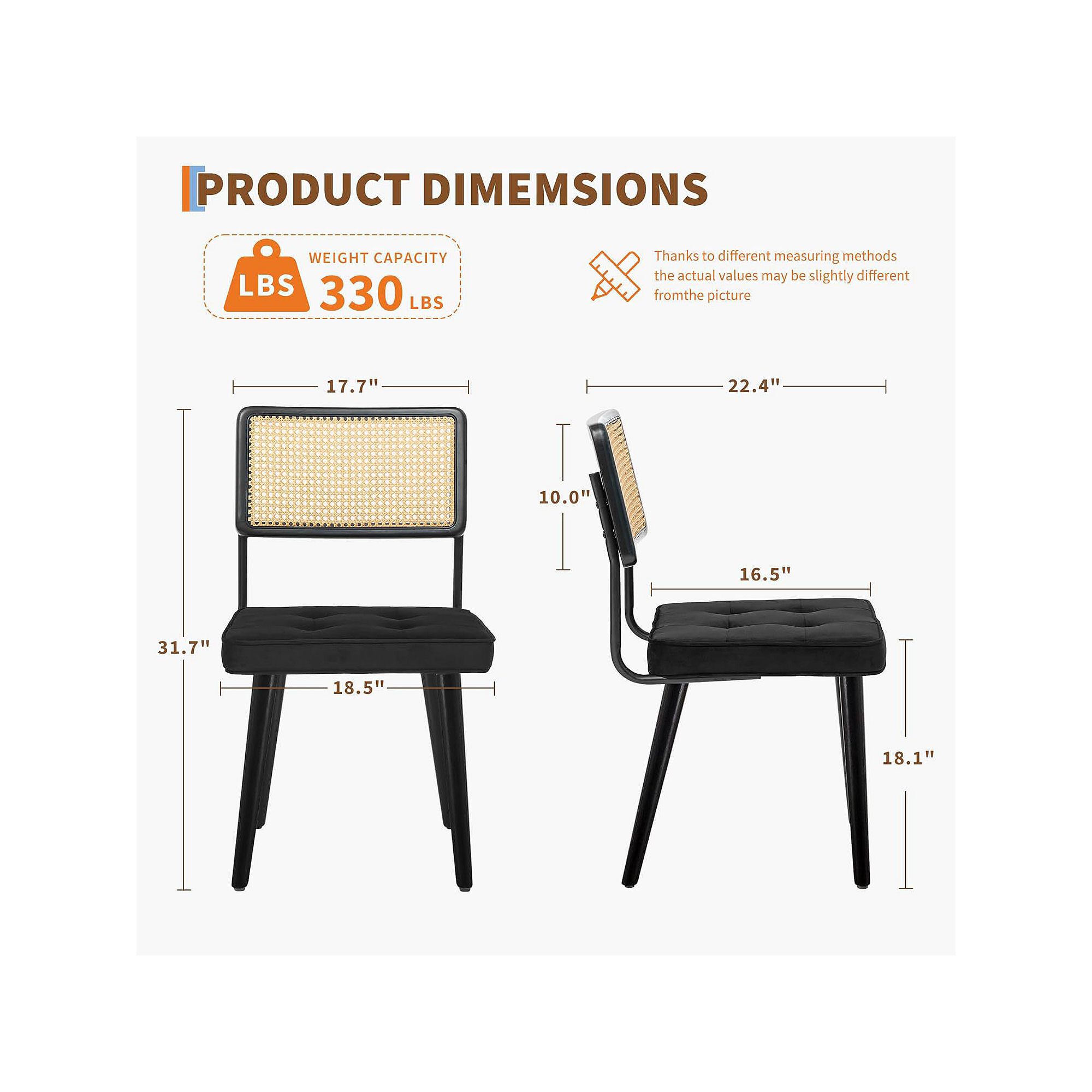 Product dimensions diagram for dining chairs with cane back and upholstered seat