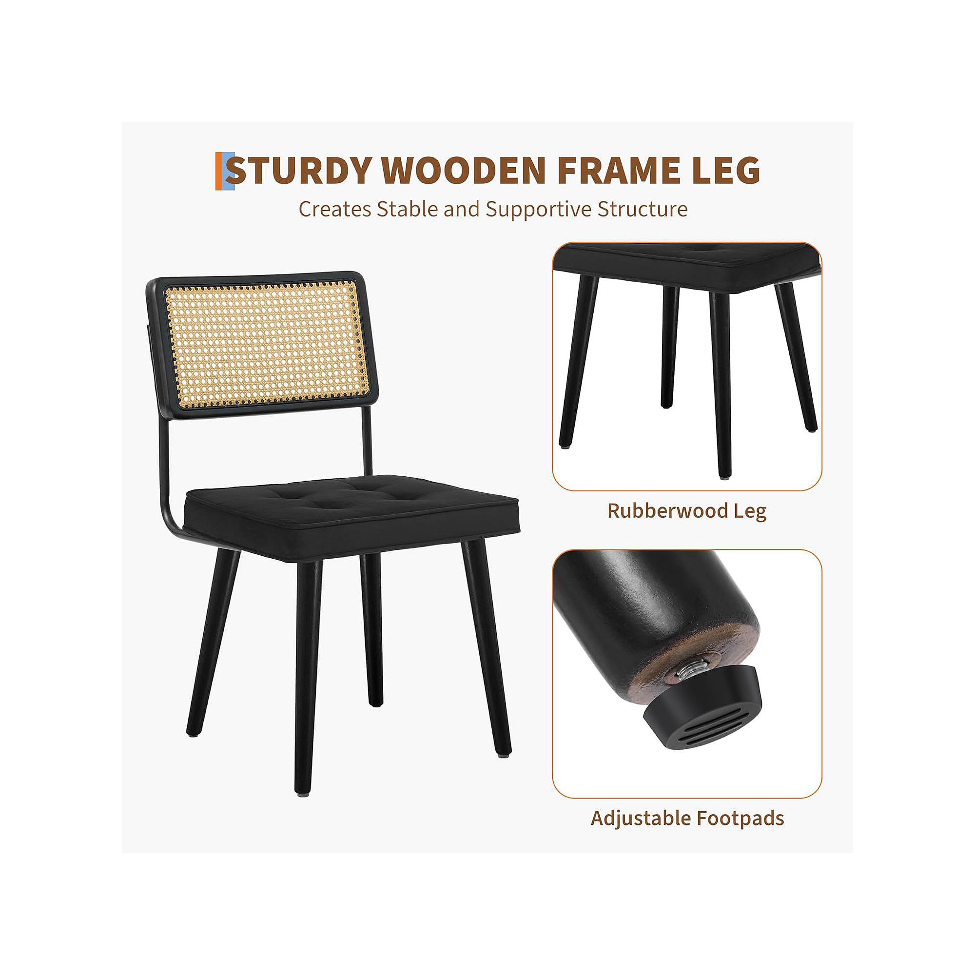 Sturdy wooden leg and adjustable footpad features for dining chairs with cane back