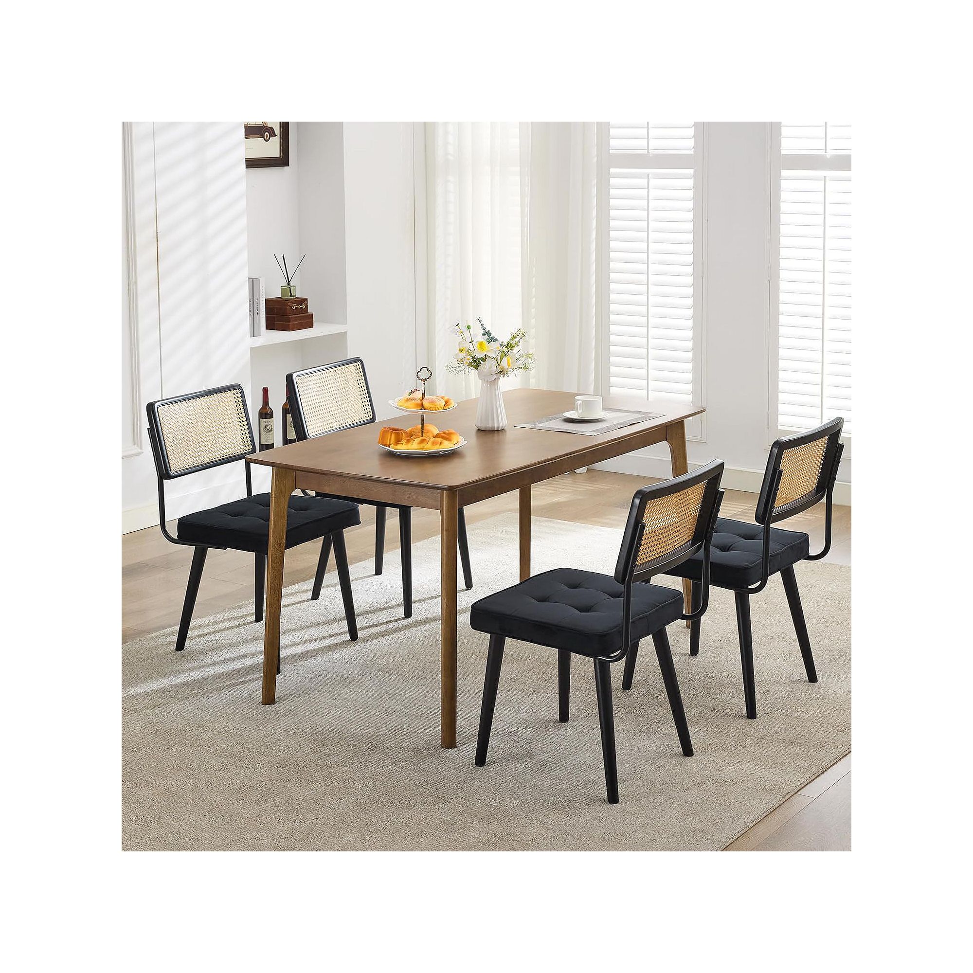 Rattan dining chairs set of 2 with cane backrest and black upholstered seats