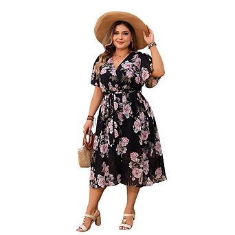 Womens Plus Size V Neck Floral Cocktail Party Midi Dresses