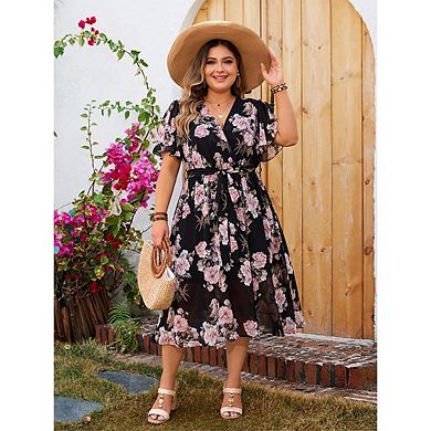 Womens Plus Size V Neck Floral Cocktail Party Midi Dresses