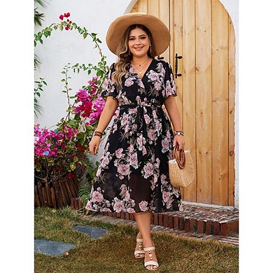 Womens Plus Size V Neck Floral Cocktail Party Midi Dresses