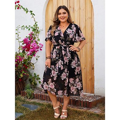 Womens Plus Size V Neck Floral Cocktail Party Midi Dresses