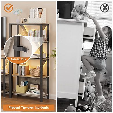 Industrial Bookshelf with LED Lights Metal Display Book Case Open Book Shelf Organizer