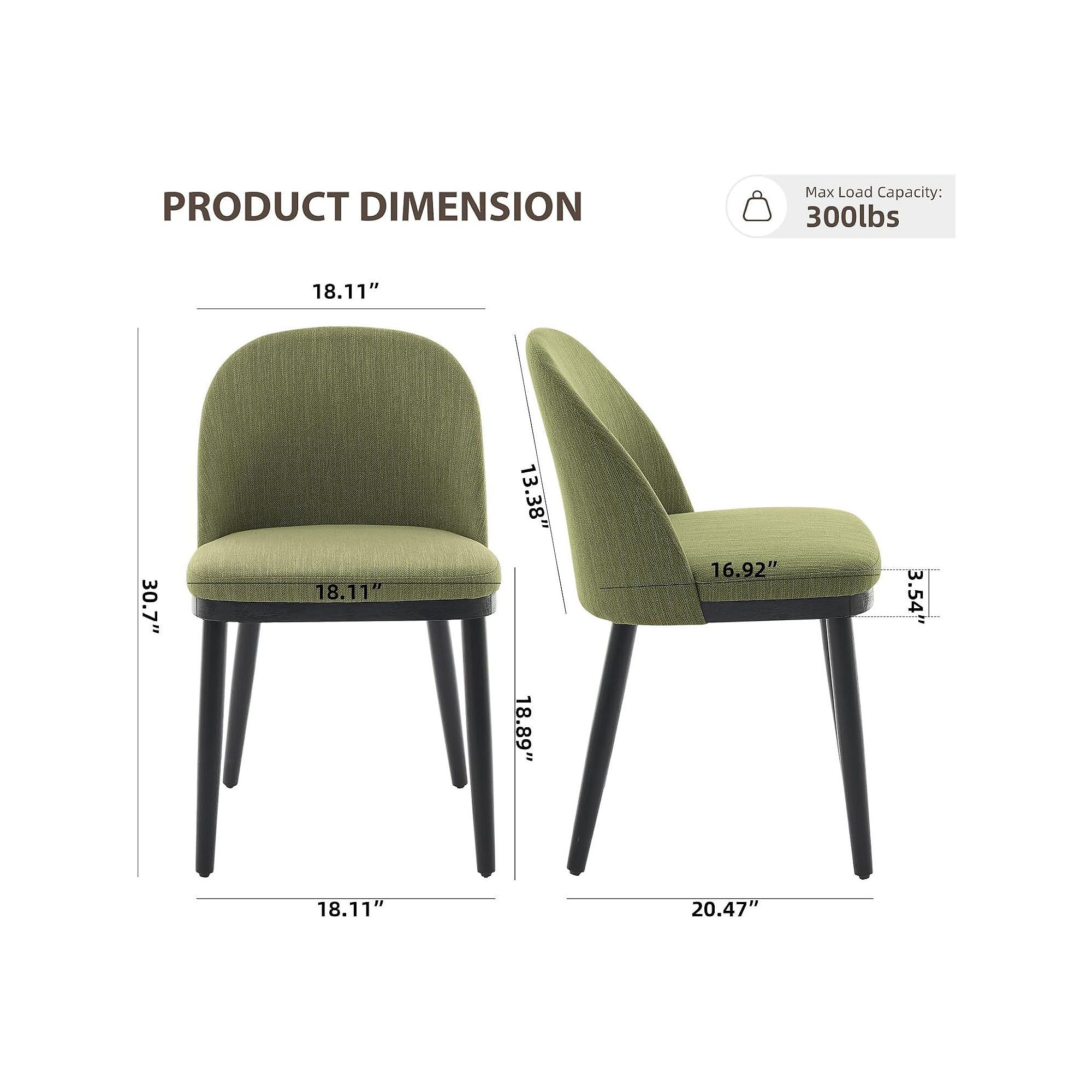 Dining chair dimensions diagram showing height, width, and load capacity