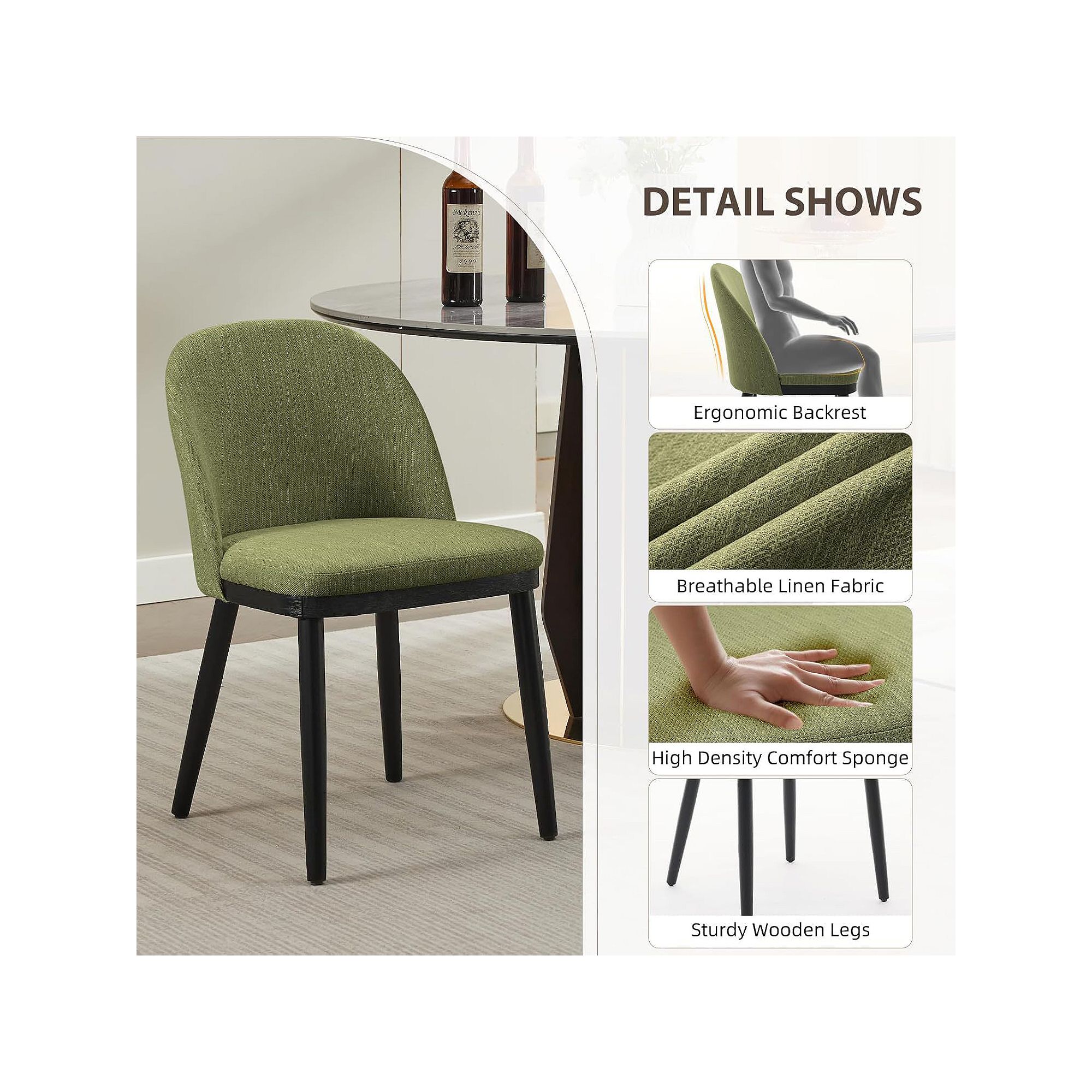 Dining chair feature callouts: ergonomic backrest, breathable fabric, comfort sponge, wooden legs