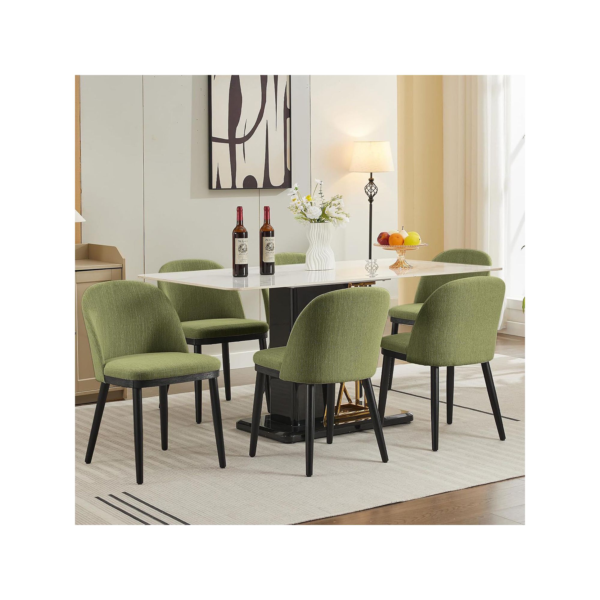 Olive green upholstered dining chairs with black tapered legs around a dining table