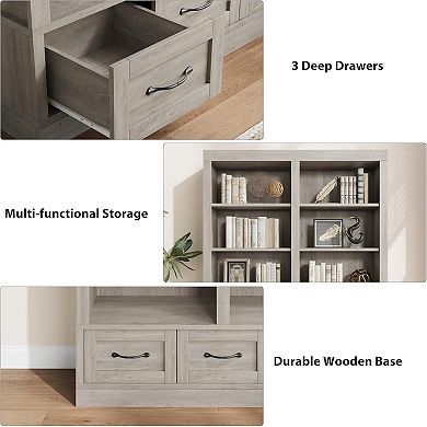 Double Wide Bookcase with Doors and Adjustable Shelf Farmhouse Wooden Bookshelf with Cabinet