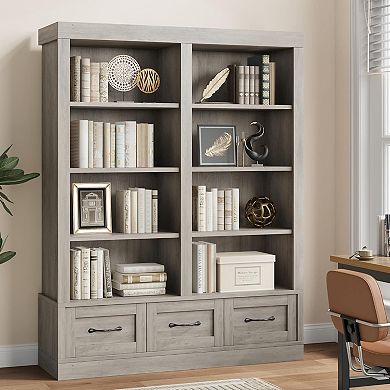 Double Wide Bookcase with Doors and Adjustable Shelf Farmhouse Wooden Bookshelf with Cabinet