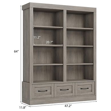 Double Wide Bookcase with Doors and Adjustable Shelf Farmhouse Wooden Bookshelf with Cabinet