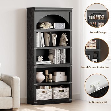 Farmhouse Arched Bookcase Tall Bookshelf Wooden Base Rustic Vintage Book Shelf