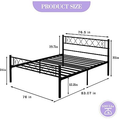 Metal Bed Frame with Heart Design Headboard Under Bed Storage