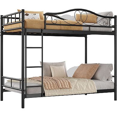 Twin Over Twin Metal Bunk Bed with Ladder and Guardrails Heavy Duty Easy Assembly
