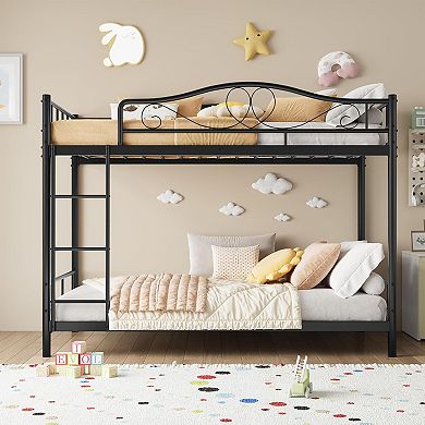 Twin Over Twin Metal Bunk Bed with Ladder and Guardrails Heavy Duty Easy Assembly