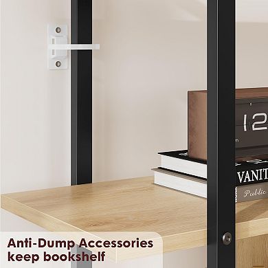 Tall Rattan Bookshelf Industrial Bookcase with Storage Door with Open Display Shelves