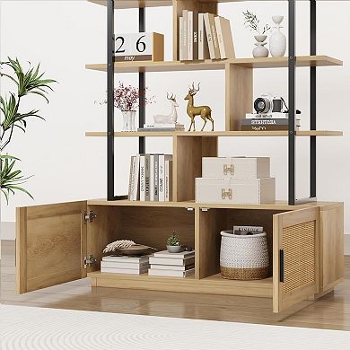 Tall Rattan Bookshelf Industrial Bookcase with Storage Door with Open Display Shelves