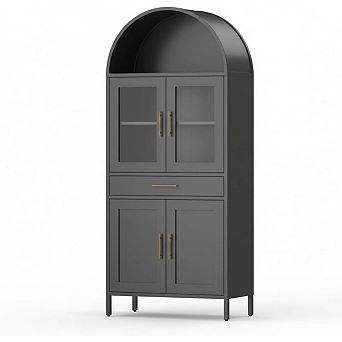 Arched Cabinet Glass Doors Metal Kitchen Pantry Storage Drawer Adjustable Shelves Display Bookcase