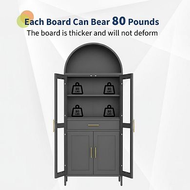 Arched Cabinet Glass Doors Metal Kitchen Pantry Storage Drawer Adjustable Shelves Display Bookcase