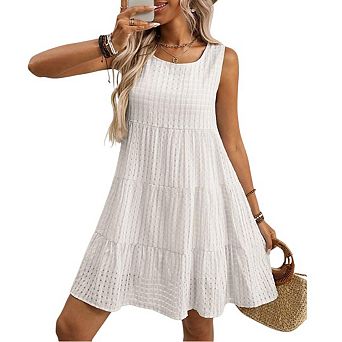 Womens Sleeveless Smocked Mini Dress Flowy Boho Spaghetti Strap Tiered A Line Casual Sundress