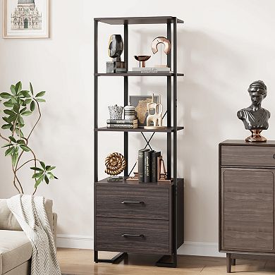 Bookshelf Storage Drawers Tall Industrial Book Shelf with Open Display Shelves