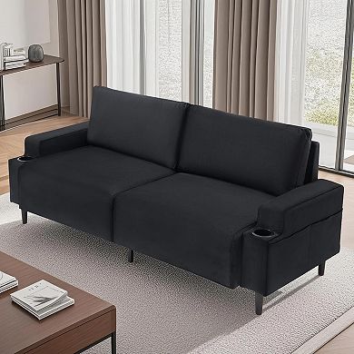 Deep Seat 3-Seater Couch，Modern Sofa with Cup Holders