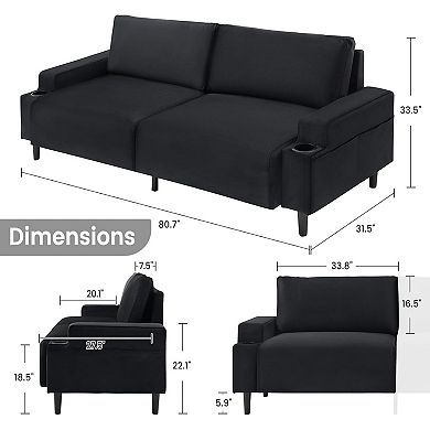 Deep Seat 3-Seater Couch，Modern Sofa with Cup Holders