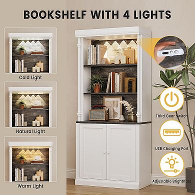 Adjustable Bookcase Roman Column Bookshelf with Led Light Open Shelves