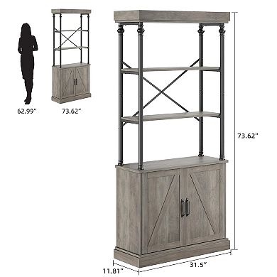 Tall Bookshelf with Doors Industrial Storage Open Rack Shelf with Cabinet Wood and Metal Bookcase