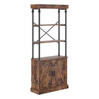 Tall Bookshelf with Doors Industrial Storage Open Rack Shelf with Cabinet Wood and Metal Bookcase