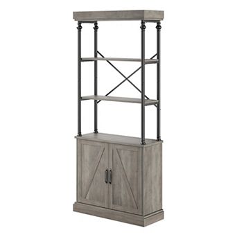 Tall Bookshelf with Doors Industrial Storage Open Rack Shelf with Cabinet Wood and Metal Bookcase