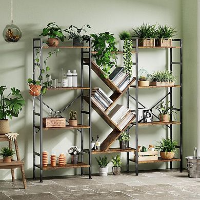 Triple Bookshelf Display Book Shelf Wide Bookcase Rustic Wooden Shelving Unit