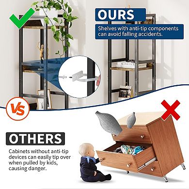 Bookshelf Drawers Modern Industrial Wood Bookcase Steel Frame Standing Display Storage Shelves