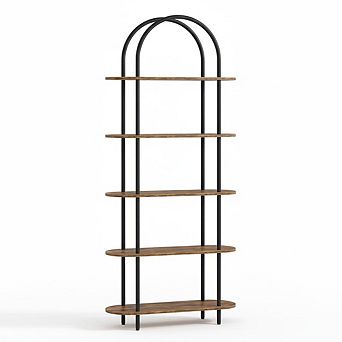 Industrial Arched Bookshelf - 5 tier Metal Frame Bookcase with Adjustable Feet, Living Room, Office