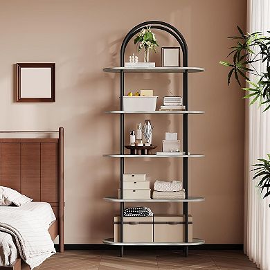 Industrial Arched Bookshelf - 5 Tier Metal Frame Bookcase with Adjustable Feet, Living Room, Office