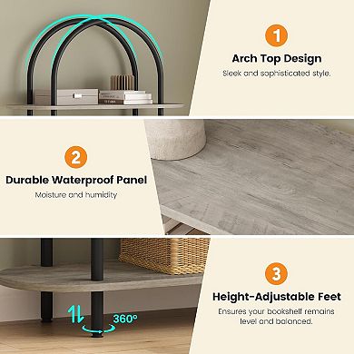 Industrial Arched Bookshelf - 5 Tier Metal Frame Bookcase with Adjustable Feet, Living Room, Office