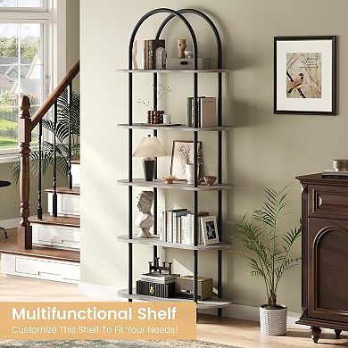 Industrial Arched Bookshelf - 5 Tier Metal Frame Bookcase with Adjustable Feet, Living Room, Office