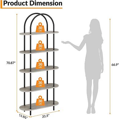 Industrial Arched Bookshelf - 5 Tier Metal Frame Bookcase with Adjustable Feet, Living Room, Office