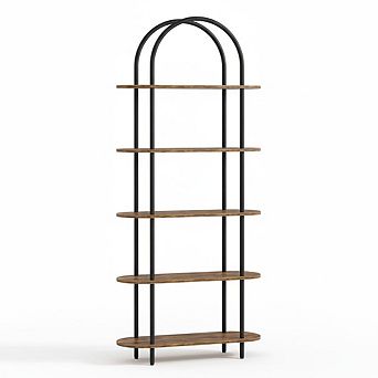 Industrial Arched Bookshelf - 5 tier Metal Frame Bookcase with Adjustable Feet, Living Room, Office