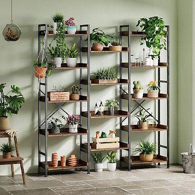 Triple Bookshelf Display Book Shelf Wide Bookcase Rustic Wooden Shelving Unit Adds Character