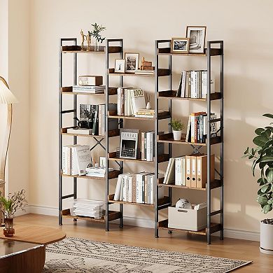 Triple Bookshelf Display Book Shelf Wide Bookcase Rustic Wooden Shelving Unit Adds Character