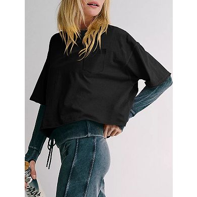 Womens Short Sleeve Crop Tops Crew Neck T Shirts Loose Casual Drop Shoulder Basic Tees with Pockets